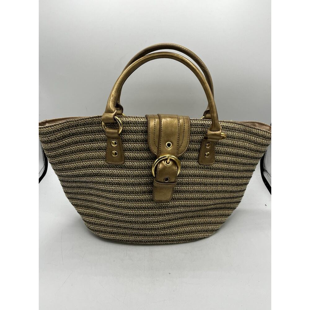 Amanda Smith Woven Straw Gold Metallic Tote Bag Bronze Leather Trim Buckle